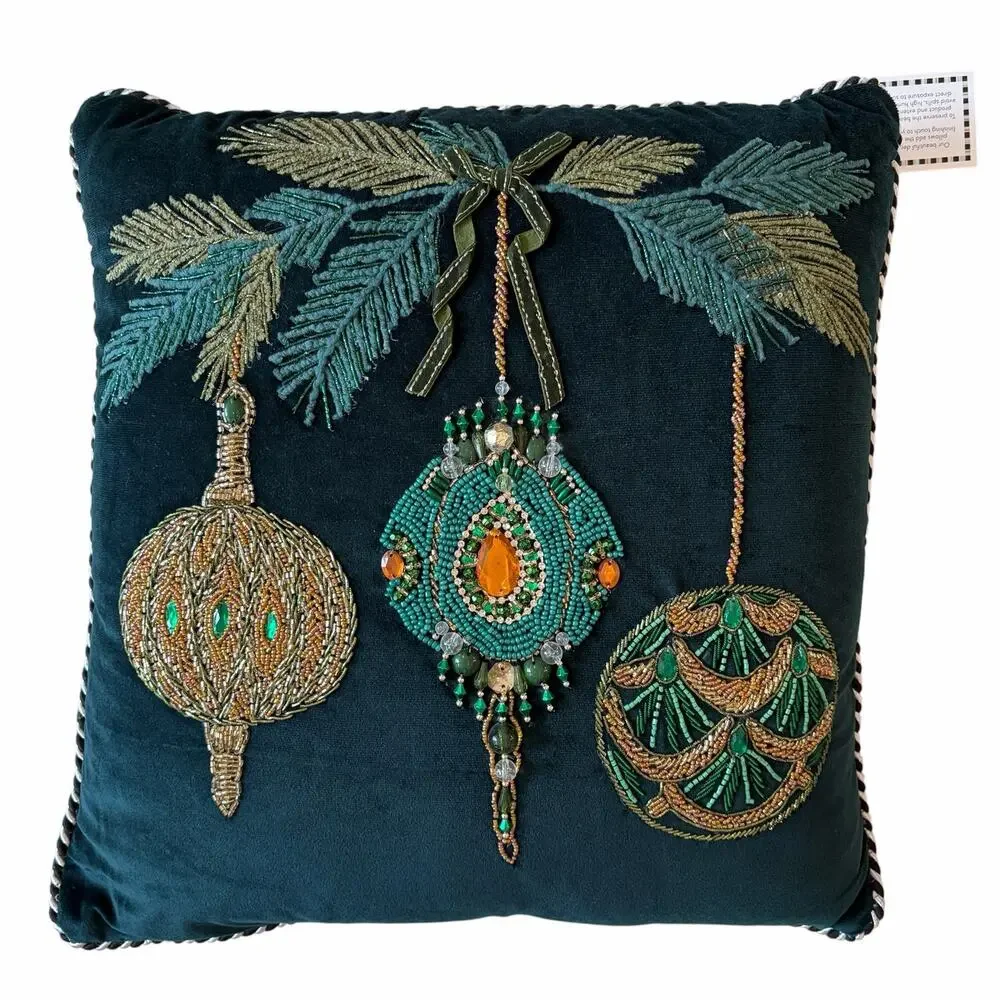 NEW MacKenzie-Childs Emerald Ornaments Beaded Throw Pillow 18x18